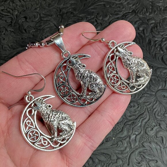 Celtic Witchy Wolf and Crescent Moon Necklace and Earrings Jewelry Set - Picture 4 of 7
